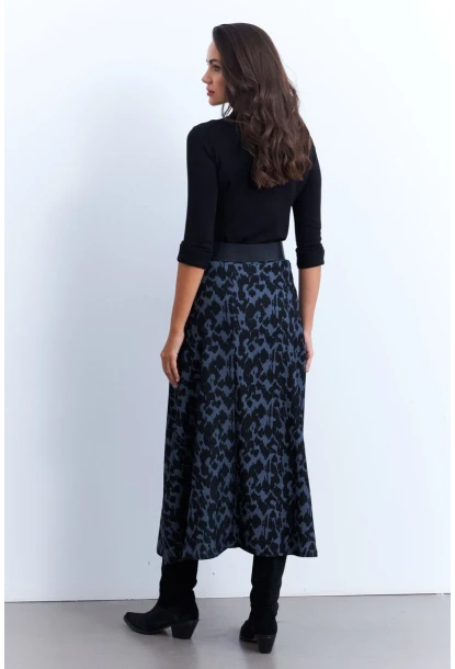 Kadın İndigo-Siyah Desenli Çan Etek LON3007