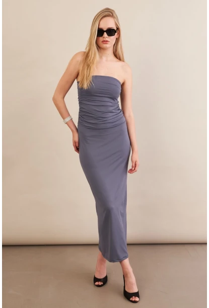 Kadın İndigo Straplez Büzgülü Midi Elbise MX2005