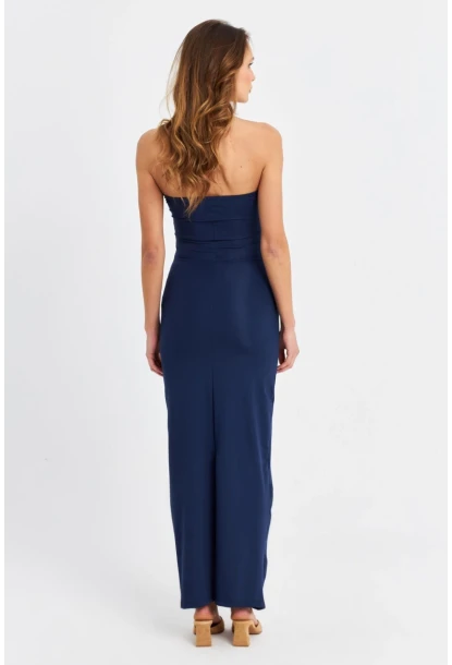 Kadın İndigo Straplez Yırtmaçlı Midi Elbise XC005