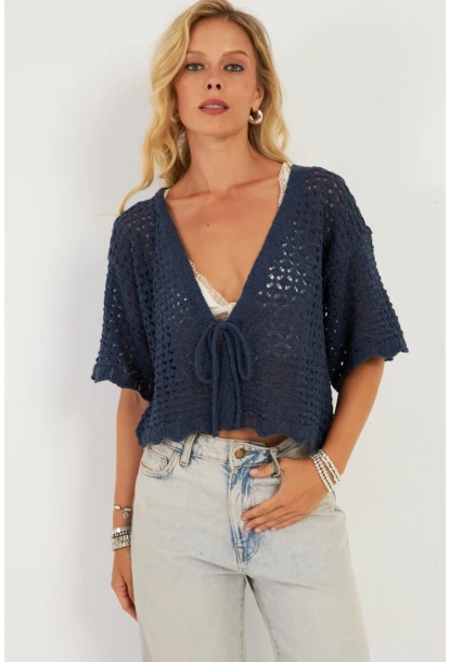 Kadın İndigo Triko Ajurlu Hırka YV255