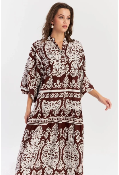 Kadın Kahve-Beyaz Etnik Desenli Maxi Dokuma Elbise ALO325