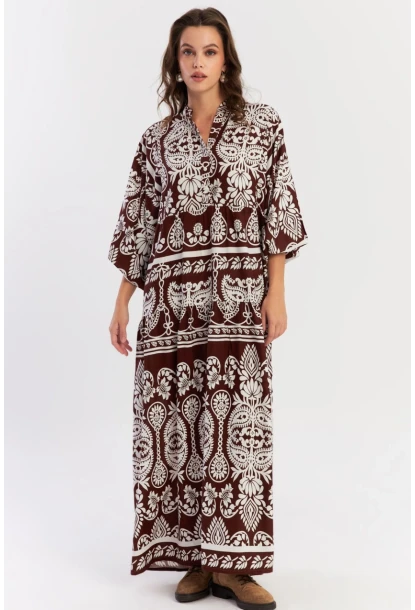 Kadın Kahve-Beyaz Etnik Desenli Maxi Dokuma Elbise ALO325