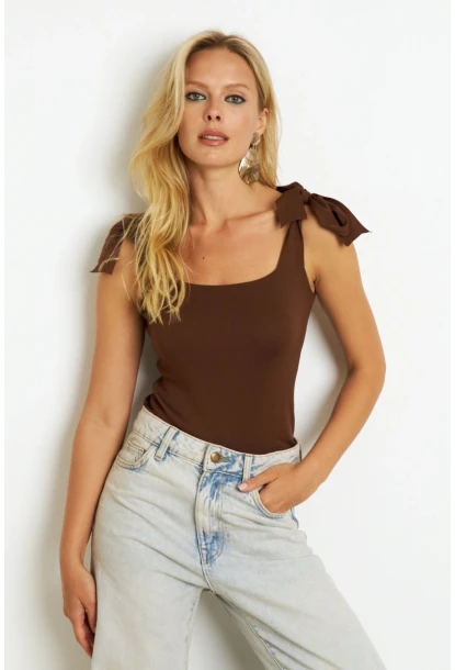 Kadın Kahve-Beyaz İkili Triko Bluz YV271