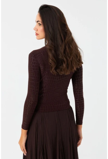 Kadın Kahve Desenli Büzgülü Bluz LPP1279