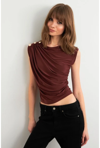 Kadın Kahve Düğme Detaylı Büzgülü Bluz LPP1205-1