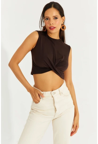 Kadın Kahve Önü Düğümlü Crop Bluz SDY2018