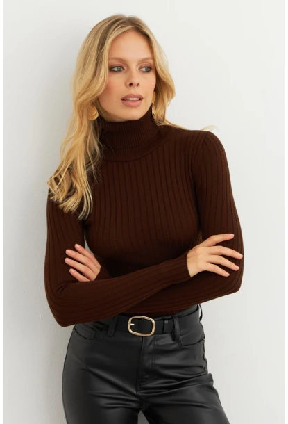 Kadın Kahverengi Balıkçı Yaka Triko Bluz YV102-90