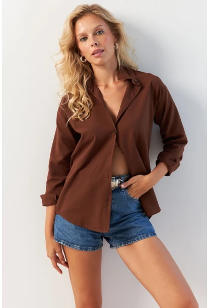 Kadın Kahverengi Basic Gömlek HNT02