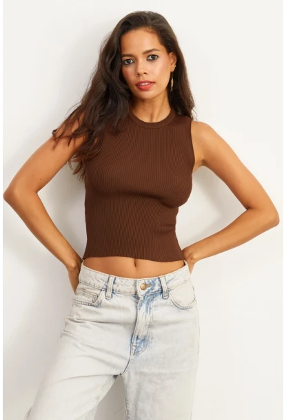 Kadın Kahverengi Bisiklet Yaka Triko Bluz YV91