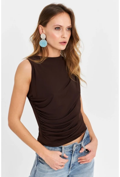 Kadın Kahverengi Büzgülü Bluz YZ625