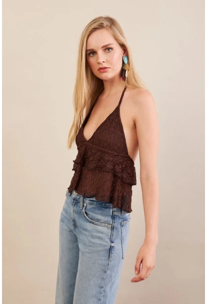 Kadın Kahverengi Dantel Bluz ZH324