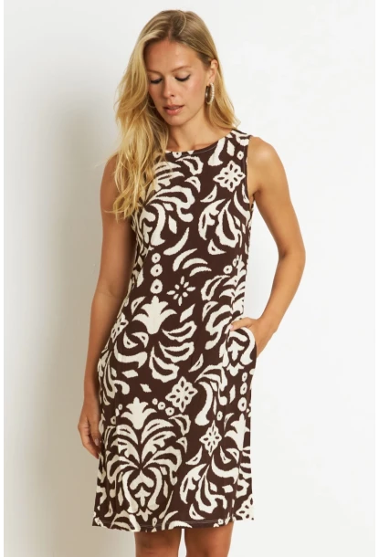 Kadın Kahverengi Desenli Cepli Midi Elbise YZ1059