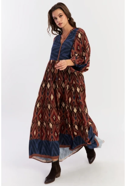 Kadın Kahverengi Desenli Dokuma Maxi Elbise ALO235