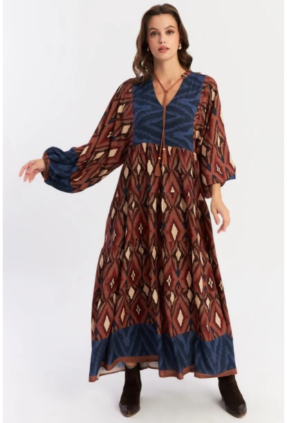 Kadın Kahverengi Desenli Dokuma Maxi Elbise ALO235