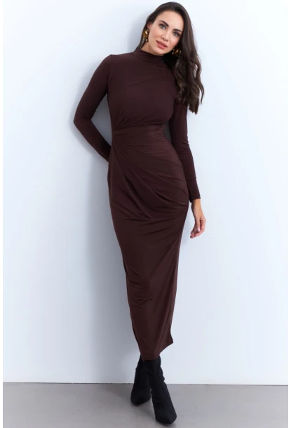 Kadın Kahverengi Drapeli Maxi Elbise LİK12