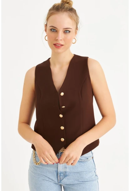 Kadın Kahverengi Düğme Detaylı Astarlı Yelek SGT410