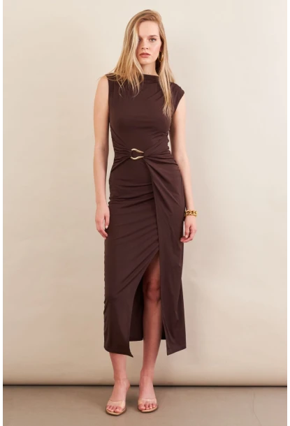 Kadın Kahverengi Eteği Kruvaze Tokalı Midi elbise KED7340
