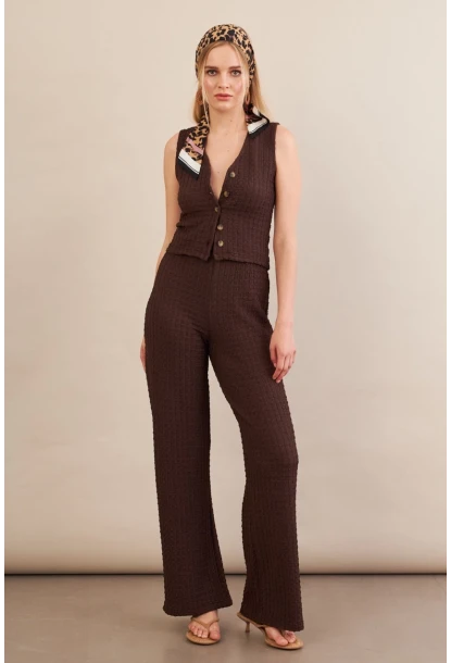 Kadın Kahverengi Gofre Yelek Pantalon Takım FLU330