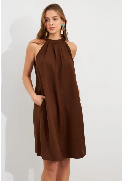 Kadın Kahverengi Halter Yaka Midi Elbise NH5029