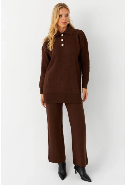 Kadın Kahverengi İnci Düğmeli Triko Alt Üst Takım MNUV33