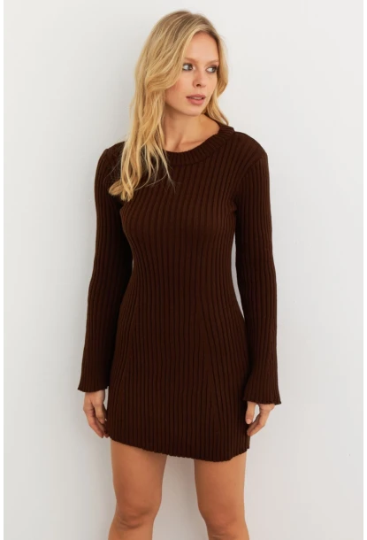 Kadın Kahverengi İspanyol Kol Triko Mini Elbise YV273