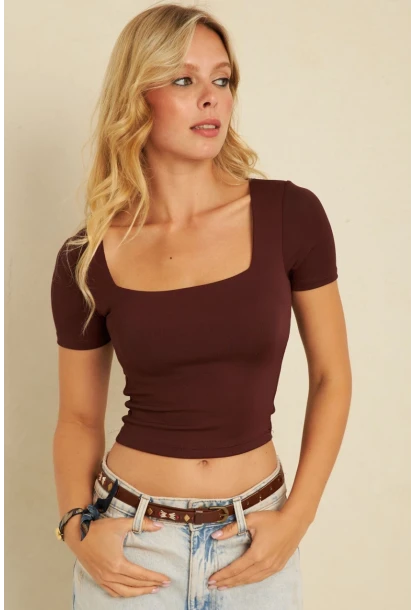 Kadın Kahverengi Kare Yaka Bluz AYD338