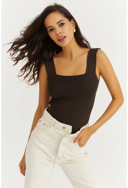 Kadın Kahverengi Kare Yaka Triko Bluz YV80