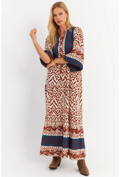 Kadın Kahverengi-Lacivert Volanlı Maxi Elbise MALO11