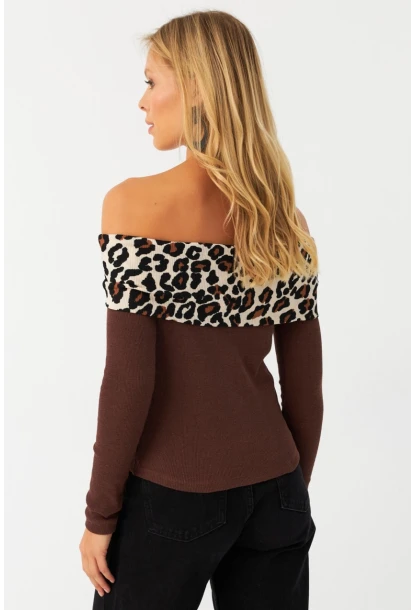 Kadın Kahverengi Leopar Bloklu Madonna Bluz AYD396