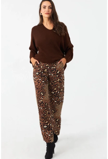 Kadın Kahverengi Leopar Desenli Saten Pantolon CAR1069
