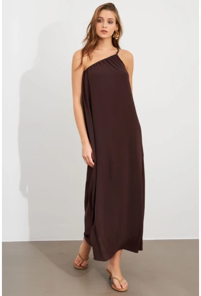 Kadın Kahverengi Tek Omuz Maxi Elbise İRE1012
