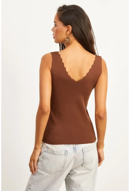 Kadın Kahverengi Merdiven Yaka Triko Bluz YV83