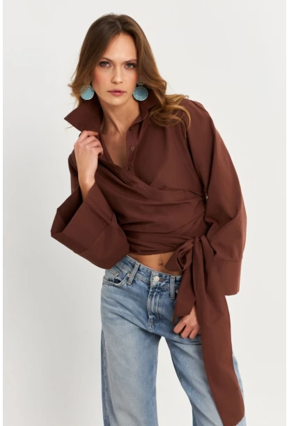 Kadın Kahverengi Önü Bağlamalı İspanyol Kol Gömlek MON142