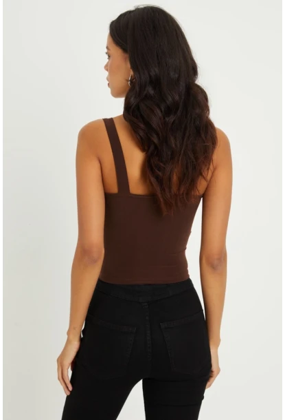 Kadın Kahverengi Önü Büzgülü Crop Bluz B189