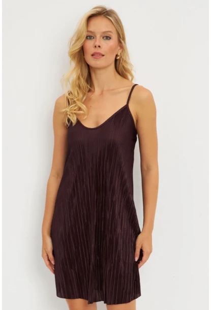 Kadın Kahverengi Piliseli Mini Elbise  DMR338