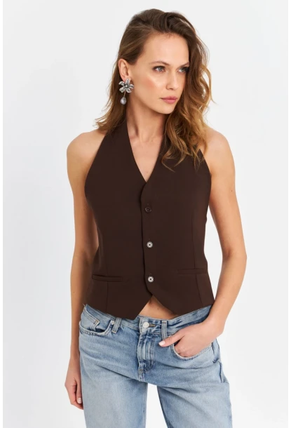 Kadın Kahverengi Sırtı Açık Yelek CAR1143