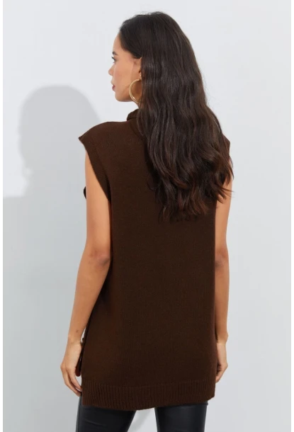 Kadın Kahverengi Yanları Düğmeli Kolsuz Triko Tunik YV75