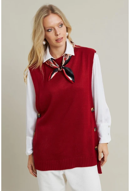 Kadın Kiremit Yanları Düğmeli Kolsuz Triko Tunik YV75