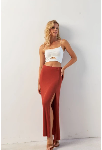 Kadın Kiremit Yırtmaçlı Maxi Etek AYD370