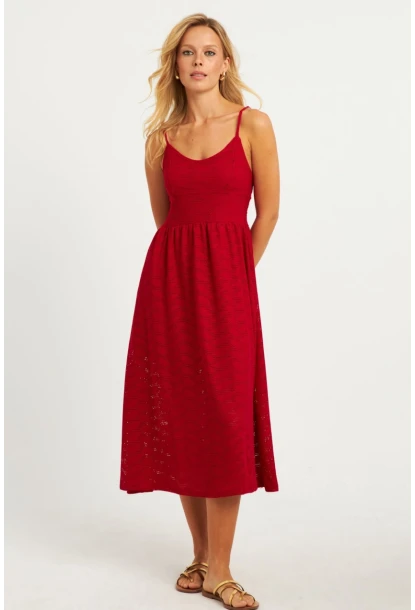 Kadın Kırmızı Astarlı Brode Midi Elbise TW70102-90