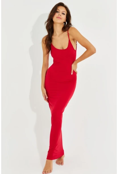 Kadın Kırmızı Ayarlanabilir Askılı Maxi Elbise MEN2004
