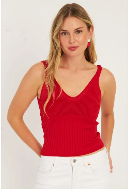 Kadın Kırmızı-Beyaz İkili V Yaka Triko Bluz SMT227
