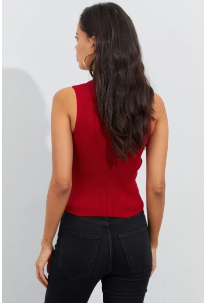 Kadın Kırmızı Bisiklet Yaka Triko Bluz YV91