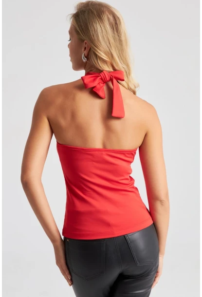 Kadın Kırmızı Boyun Bağlamalı Halkalı Crop Bluz EY2674