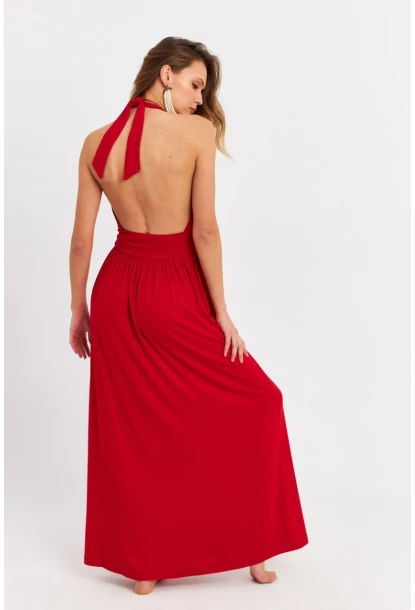 Kadın Kırmızı Boyun Bağlamalı Maxi Elbise EY3075