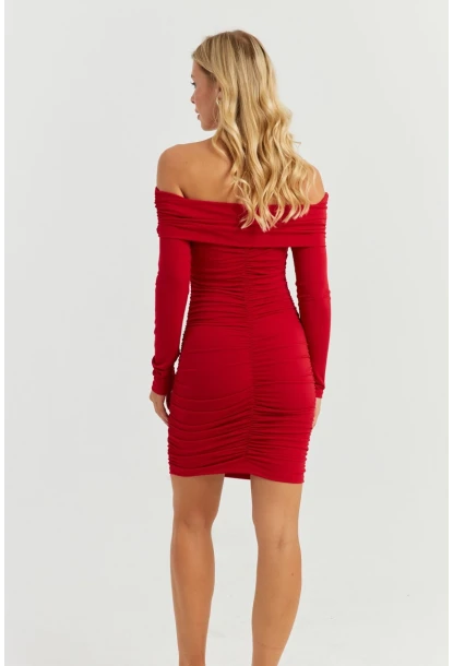 Kadın Kırmızı Büzgülü Madonna Mini Elbise MON1118