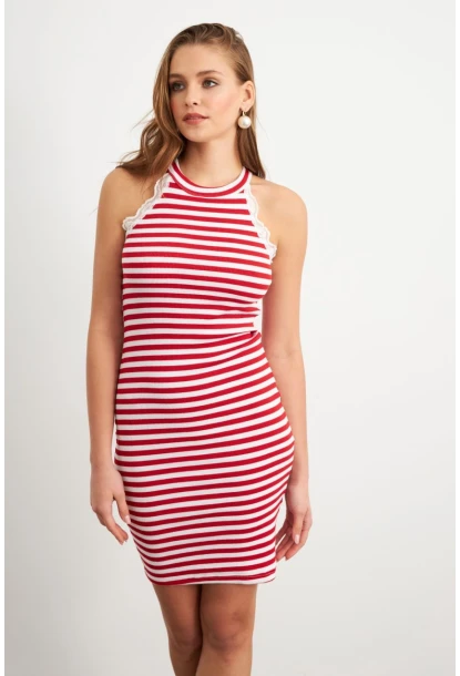 Kadın Kırmızı Dantel Detaylı Çizgili Midi Elbise MK36