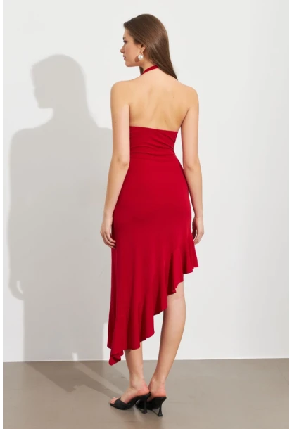 Kadın Kırmızı Degaje Asimetrik Midi Elbise İRE1436