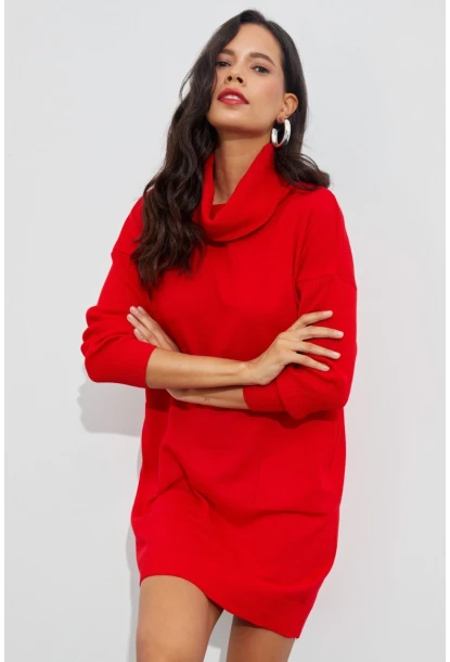 Kadın Kırmızı Degaje Yaka Triko Mini Elbise YV73