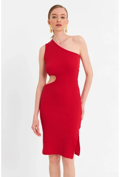 Kadın Kırmızı Dekolteli Kaşkorse Midi Elbise OR2460